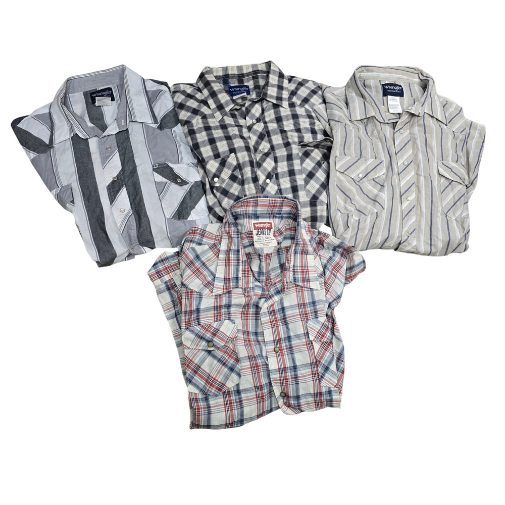 Vtg Lot 4 Wrangler Mens Western Pearl Snap Shirts 3X Plaid Striped Long Sleeve